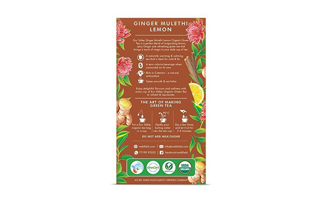 Weikfield Eco Valley Organic Tea Ginger Mulethi Lemon   Box  30 pcs